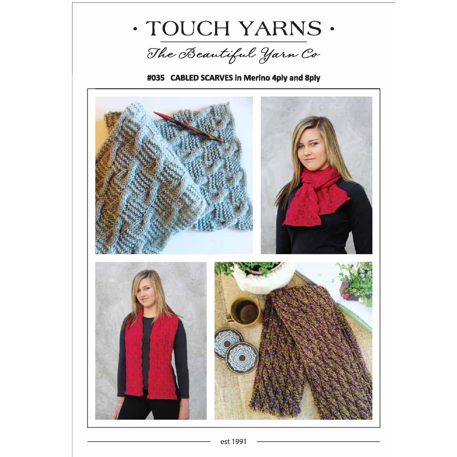 8 Ply Wool Knitting Patterns Touch 035 Cabled Scarves Knitting Pattern The Ribbon Rose