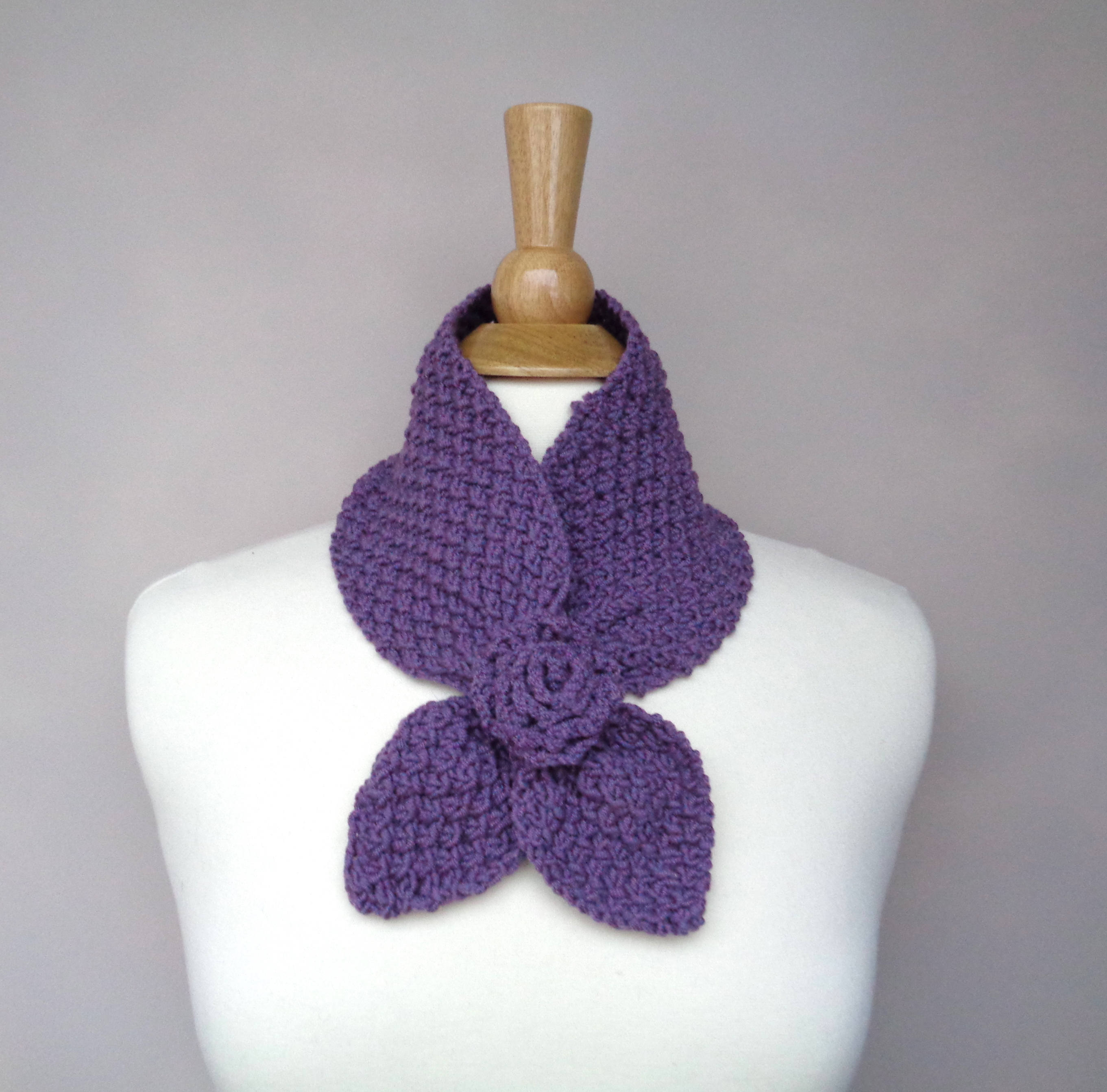 Ascot Scarf Knitting Pattern Ascot Neck Scarf With Rose Flower Pull Through Keyhole Scarf Plum Purple