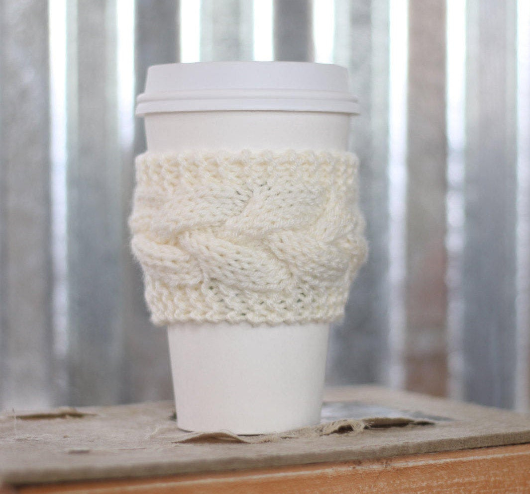 Cable Knit Coffee Cozy Pattern Cream Cable Knit Coffee Cozy Wwood Button Tea Cozy Cup Cozy Coffee Cover Coffee Sleeve Latte Cozy