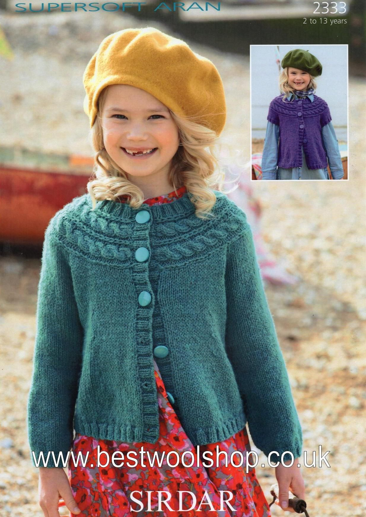 Childrens Aran Knitting Patterns 2333 Sirdar Supersoft Aran Cabled Yolk Long Short Sleeved Cardigan Knitting Pattern To Fit 2 To 13 Years