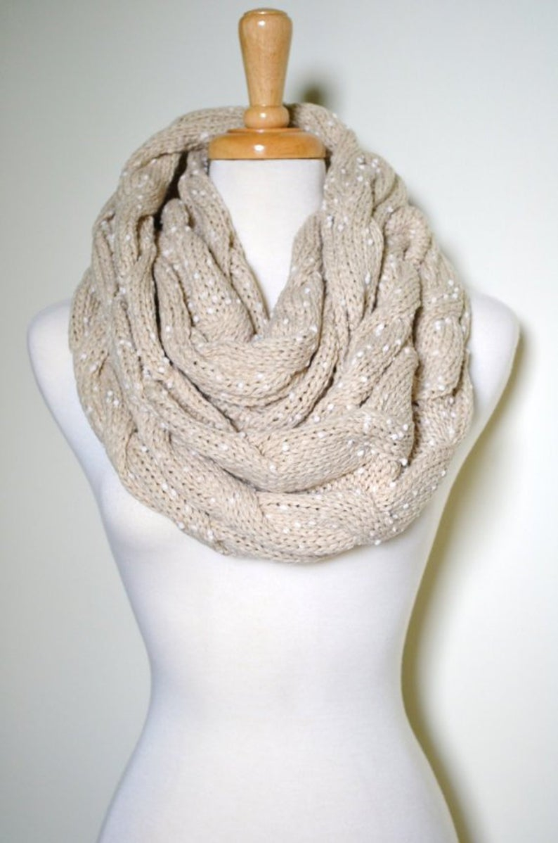 Chunky Knit Infinity Scarf Pattern Oatmeal Cable Knit Pattern Chunky Knit Infinity Scarf Oatmeal Color Chunky Thick Knitted Cable Pattern Cowl Gifts For Her Cable Knits