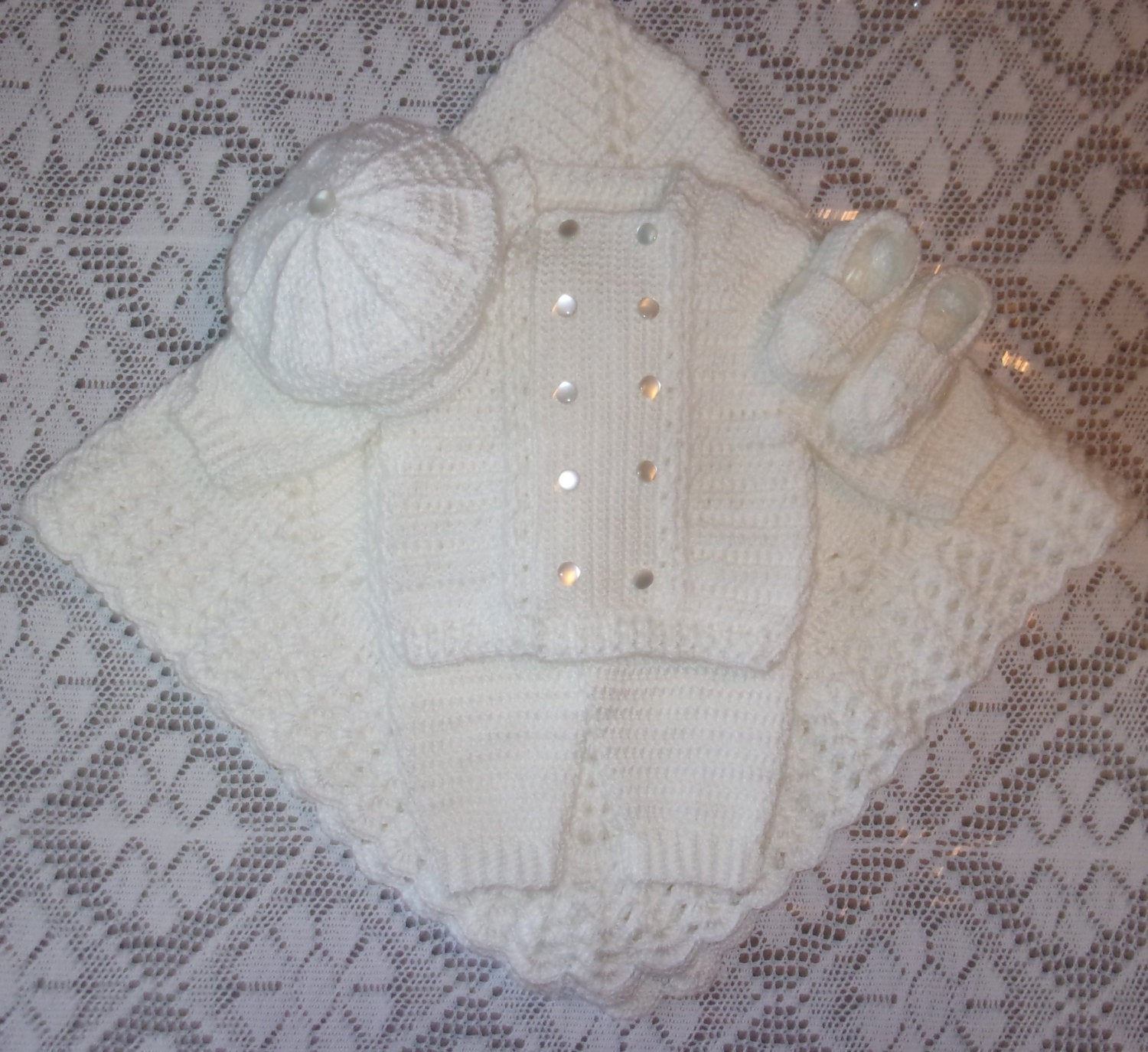 Free Knitting Patterns For Baby Sets Crochet Ba Boy White Sweater Set Layette Wleggings Brimmed Cap Booties And Blanket Perfect For Christening Take Home Ba Shower Gift