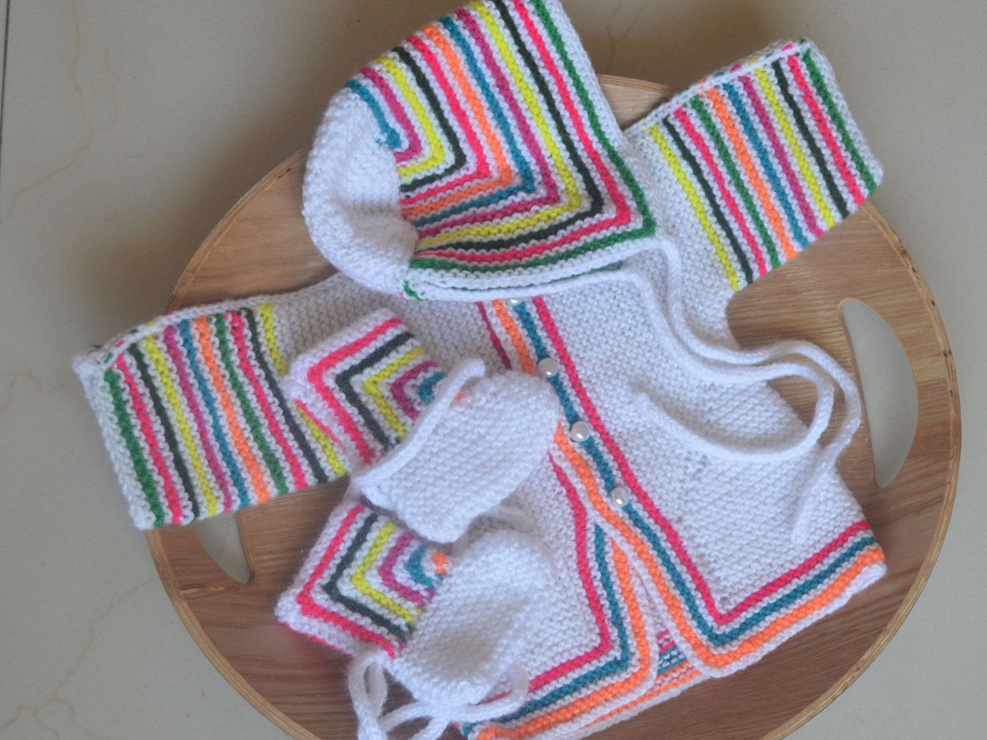 Free Knitting Patterns For Baby Sets Woollen Ba Set With Jacket White With Multi Colored Stripes