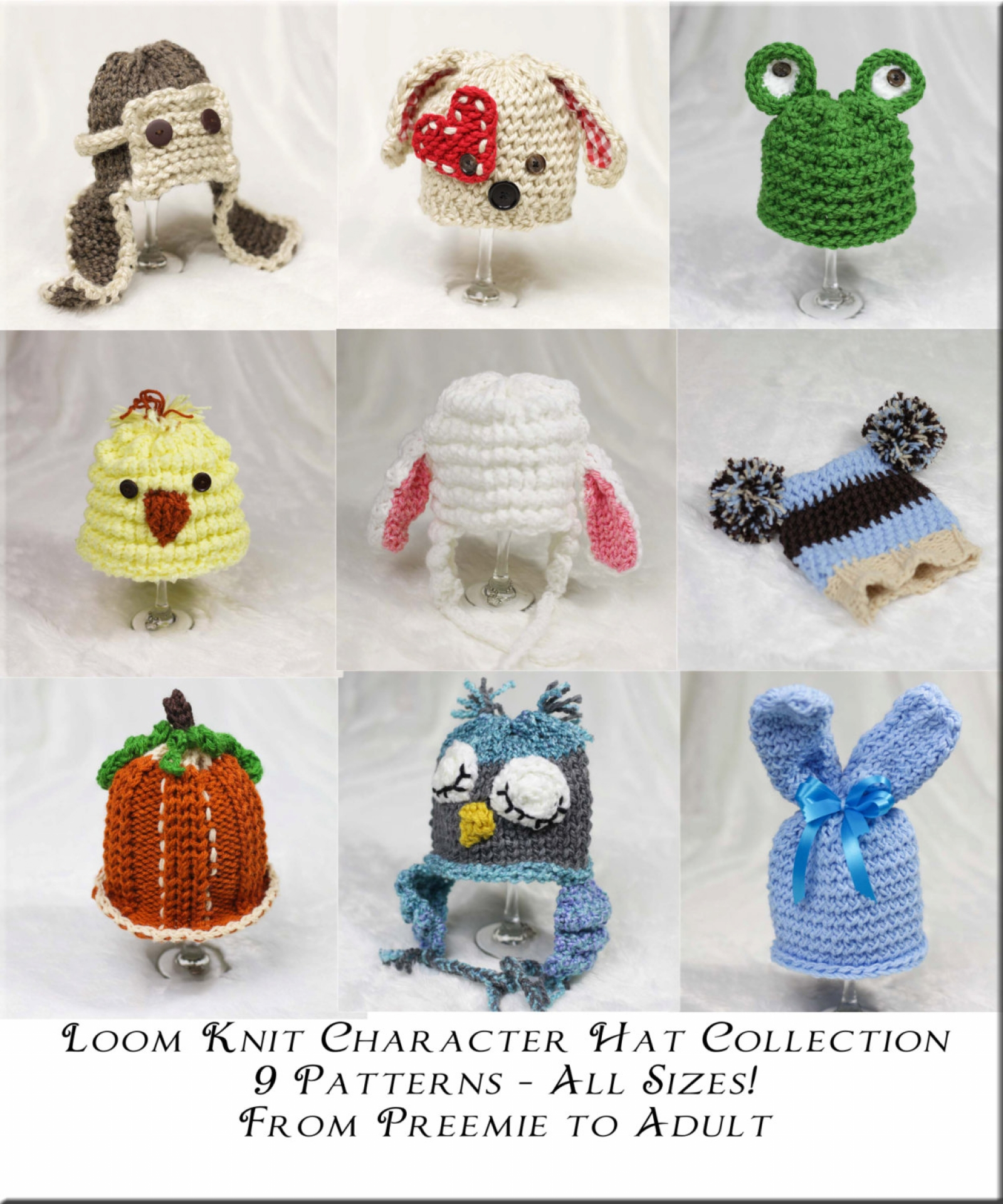Frog Hat Knitting Pattern Loom Knit Character Hat Pattern Collection 9 Adorable Patterns Included Bunny Lamb Frog Pumpkin Puppy Aviator Owl Chickpom Pom Hat