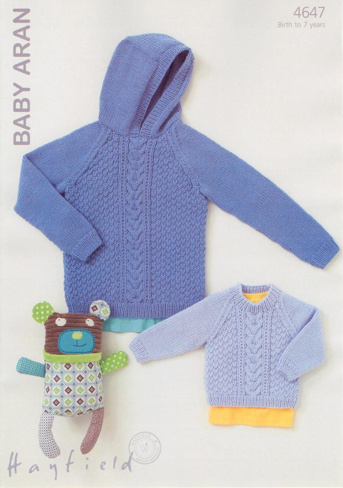 Hooded Jumper Knitting Pattern 4647 Hayfield Ba Aran Round Neck Hooded Sweater Knitting Pattern To Fit Birth To 7 Years