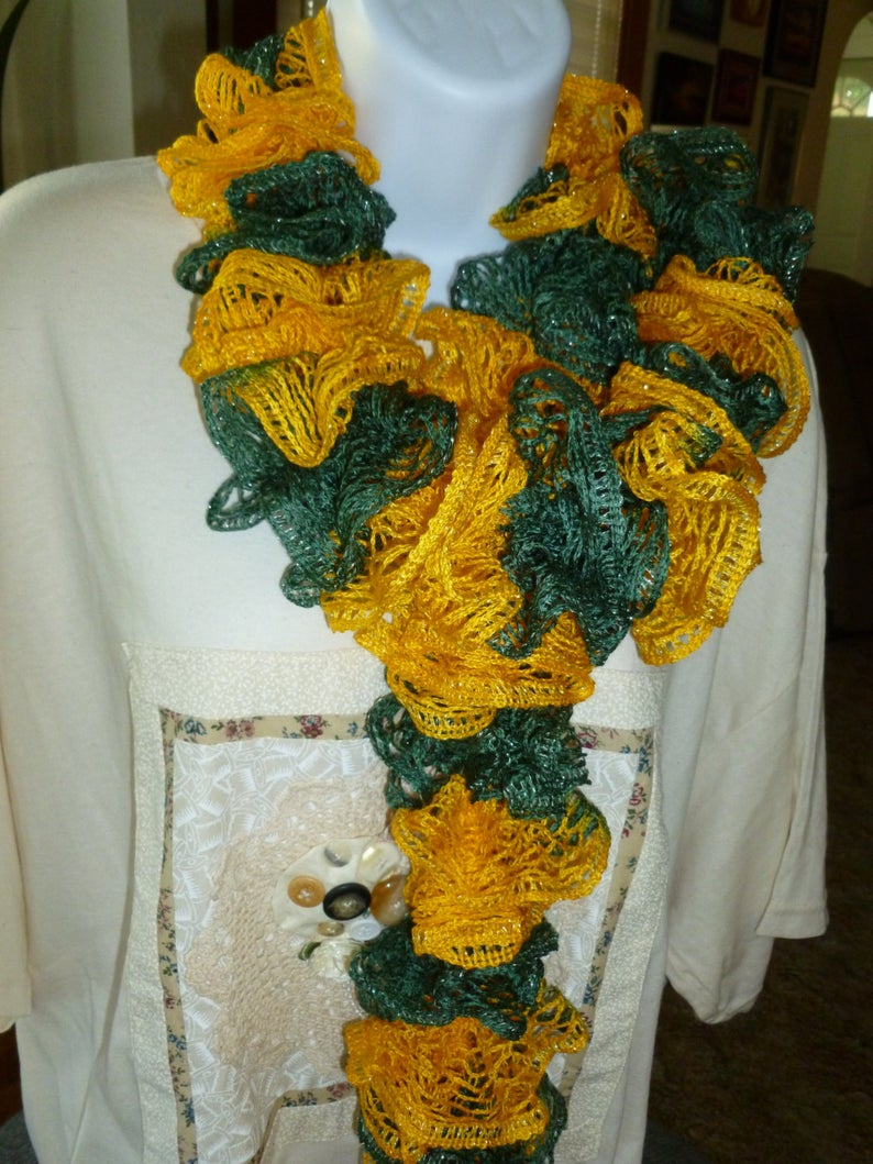 How To Knit A Ruffle Scarf Free Pattern Green And Gold Ruffled Scarf Free Shipping