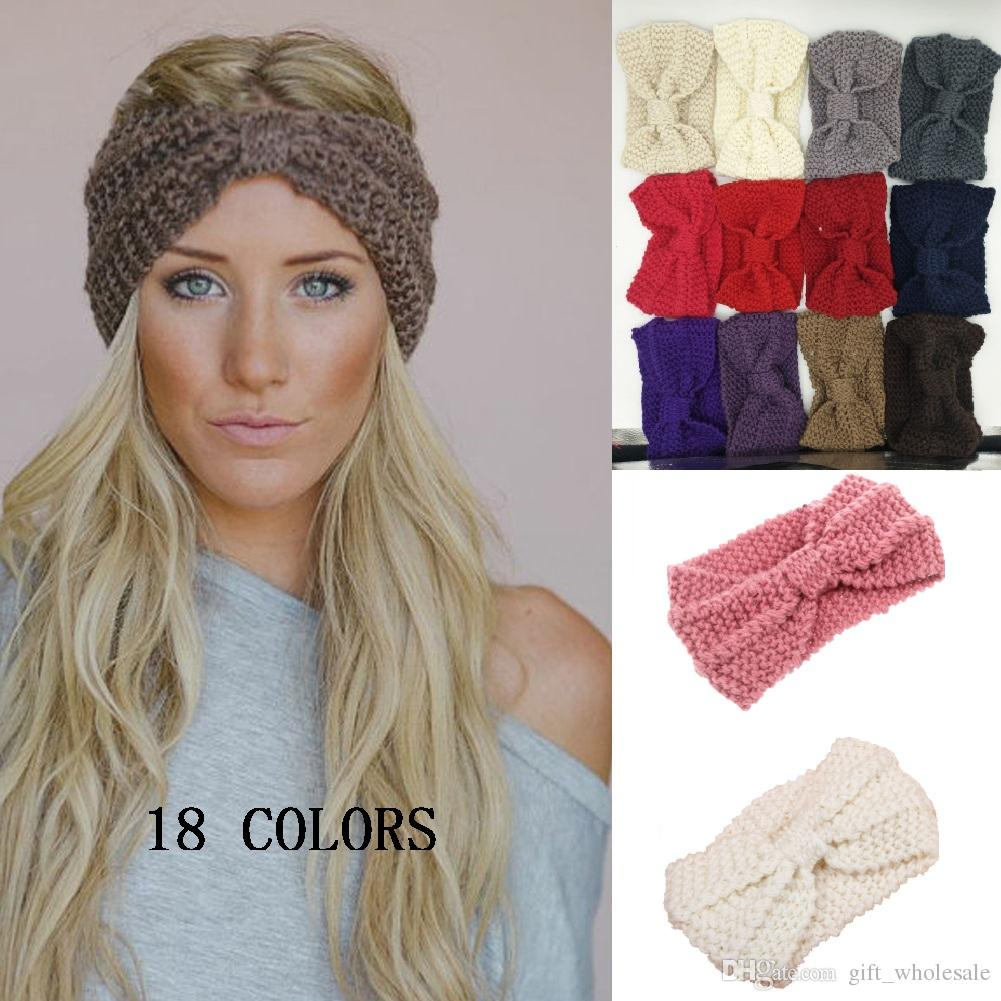 Knit Headband Pattern 18 Colors Lady Cozy Thick Knit Headband Turban Ear Warmer For Women Winter Headband Bow Stretch Hairband Headwrap