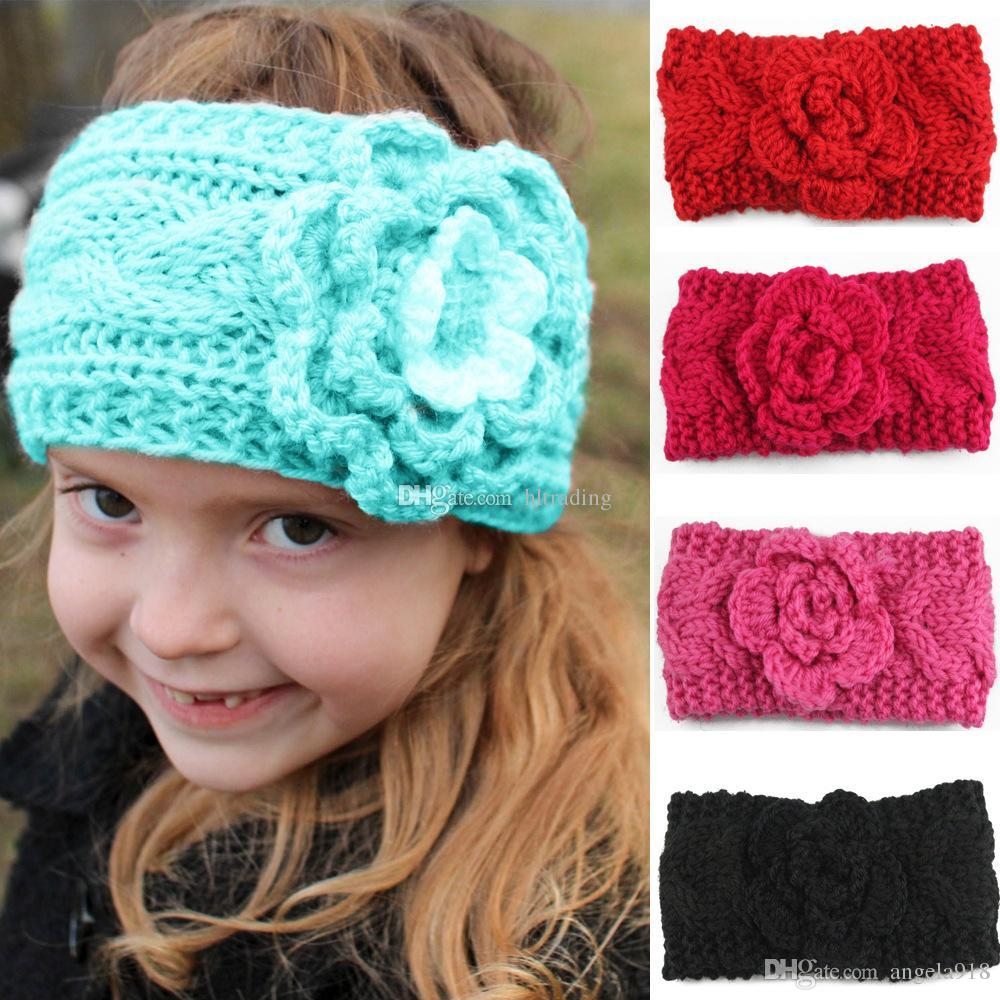 Knit Headband Pattern With Flower Children Girls Winter Knitting Crochet Headbands Ba European Style Bandanas Flowers Braided Headscarf Kids Beanies Cap C5422