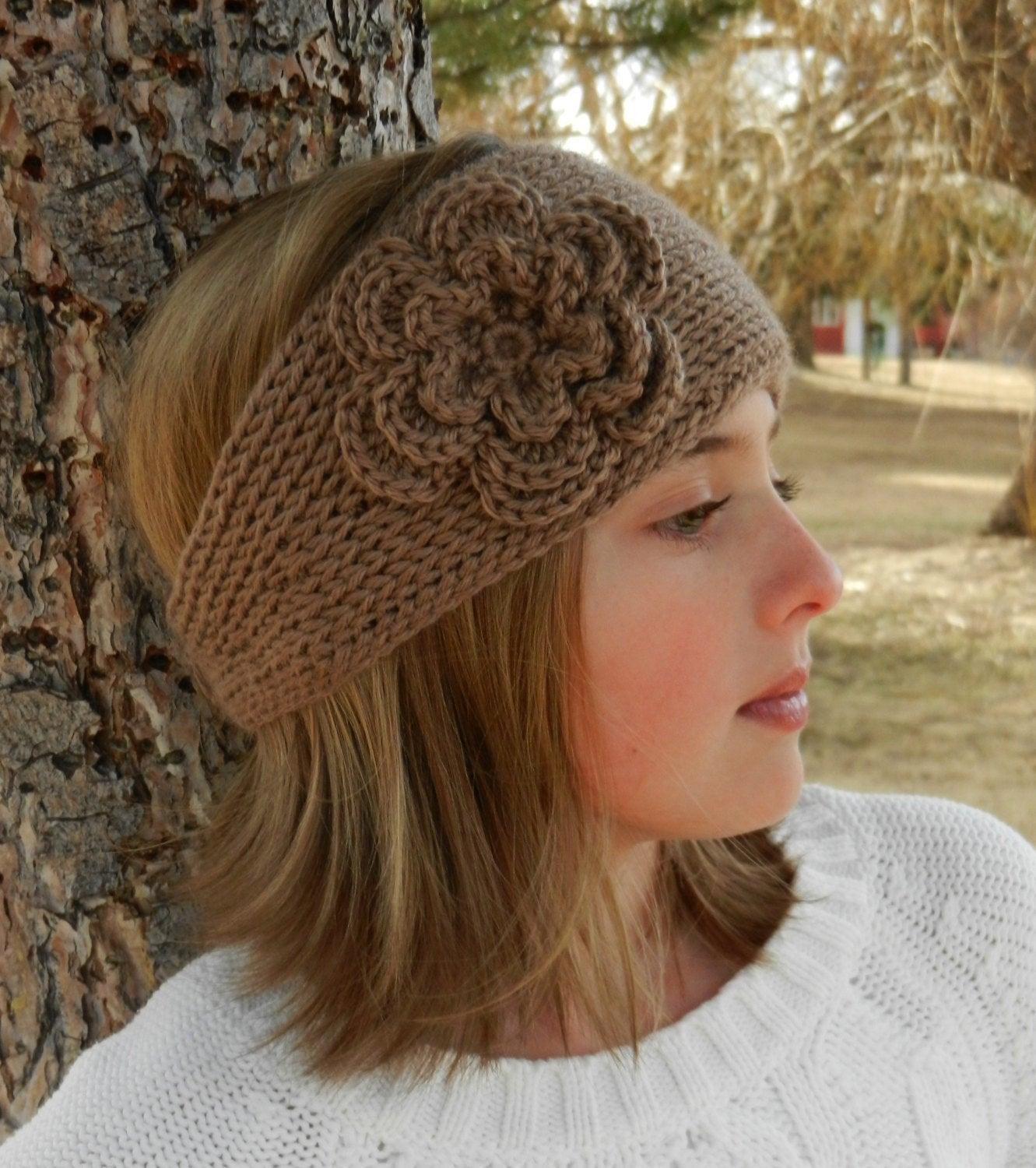 Knit Headband With Flower Pattern Tunisian Knit Look Crochet Headband Pattern With Flower Tunisian Crochet Headband Earwarmer Pattern With Flower Instant Download