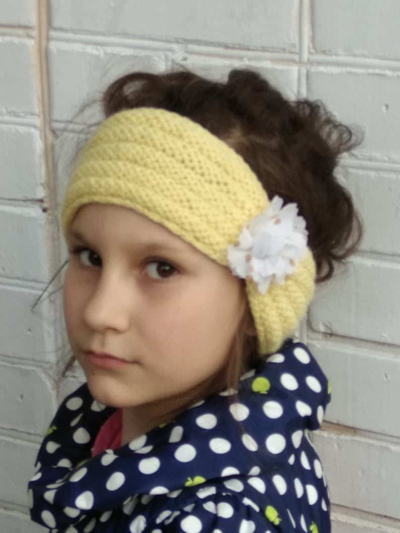 Knit Headband With Flower Pattern Yellow Knit Headband Teens Headband Stretch Crochet Bow Spring Ear Warmer Fall Elegant Fashion Crochet Flower Teen Gift Women Spring Fashion