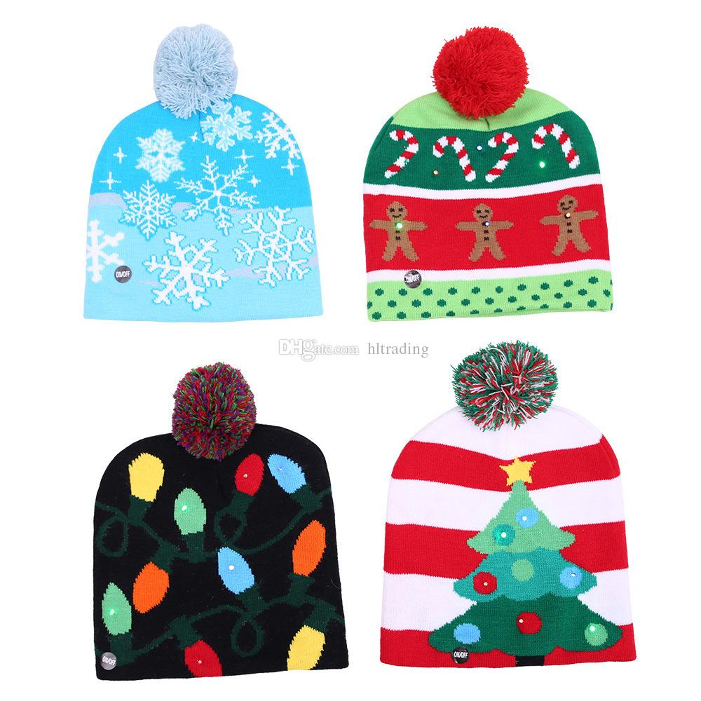 Knit Santa Hat Pattern Free Christmas Cosplay Hats Knitting Santa Led Hat 2018 Warm Winter Adults Children Xmas Tree Snowflake Cap Christmas Supplies C5215