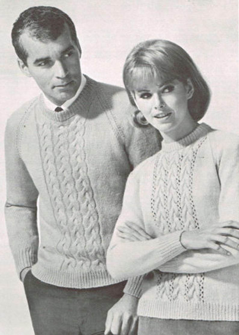 Knit Sweaters Patterns Vintage Knitting Pattern For Men And Women Cable Knit Sweater Pattern His And Hers 60s 1960s Pdf Matching Sweaters