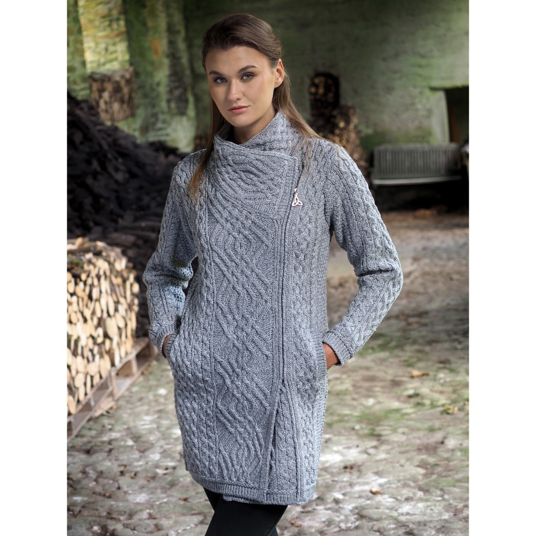Knitted Coat Patterns Ladies Merino Wool Cable Knit Coat With Side Zip Grey Colour