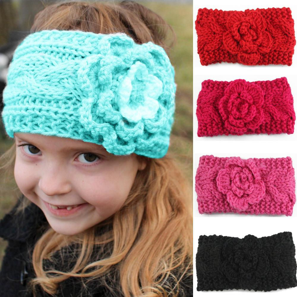 Knitted Headband With Flower Pattern Girls Kids Winter Big Wool Crochet Headbands Flowers For Ba European Style Ear Warmers Children Braided Headbows Ba Beanies Cap