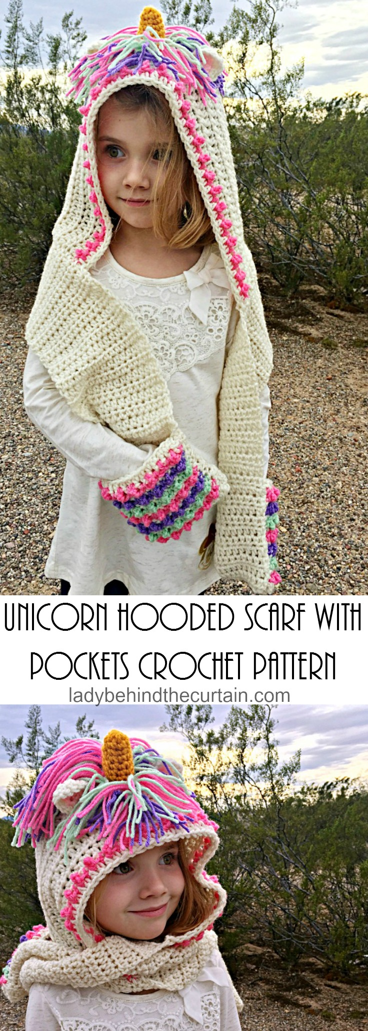 Knitted Hood Scarf Pattern Unicorn Hooded Scarf With Pockets Crochet Pattern