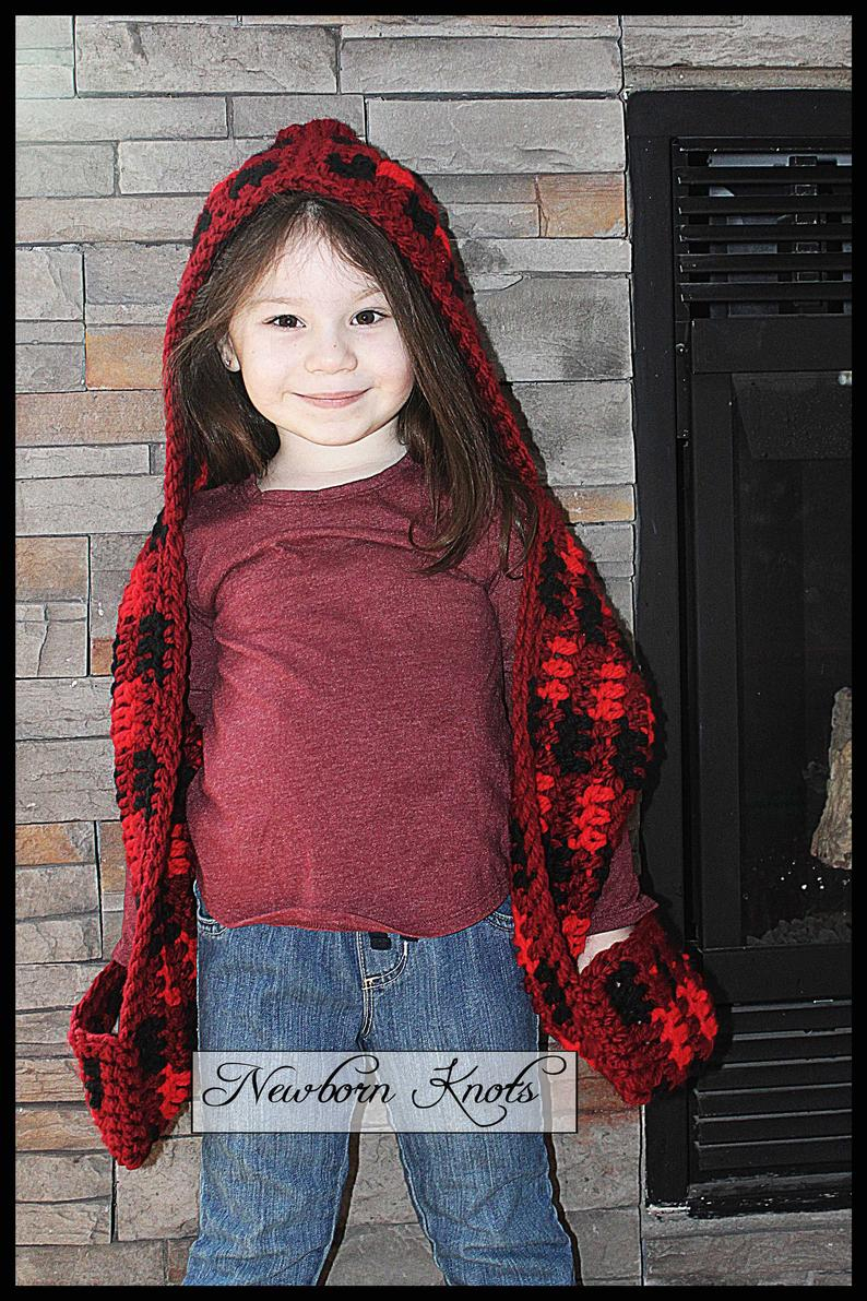 Knitted Hooded Scarf With Pockets Pattern Crochet Hooded Scarf Pattern Playful Plaid Hooded Scarf With Pockets Pattern 99 Instant Download Includes 5 Sizes From 1 Yr To Adult