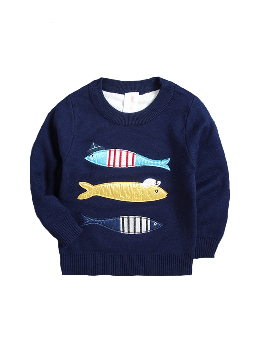 Knitted Pullover Sweater Patterns Boys Sweater Cartoon Fish Pattern O Neck Long Sleeve Knitted Pullover