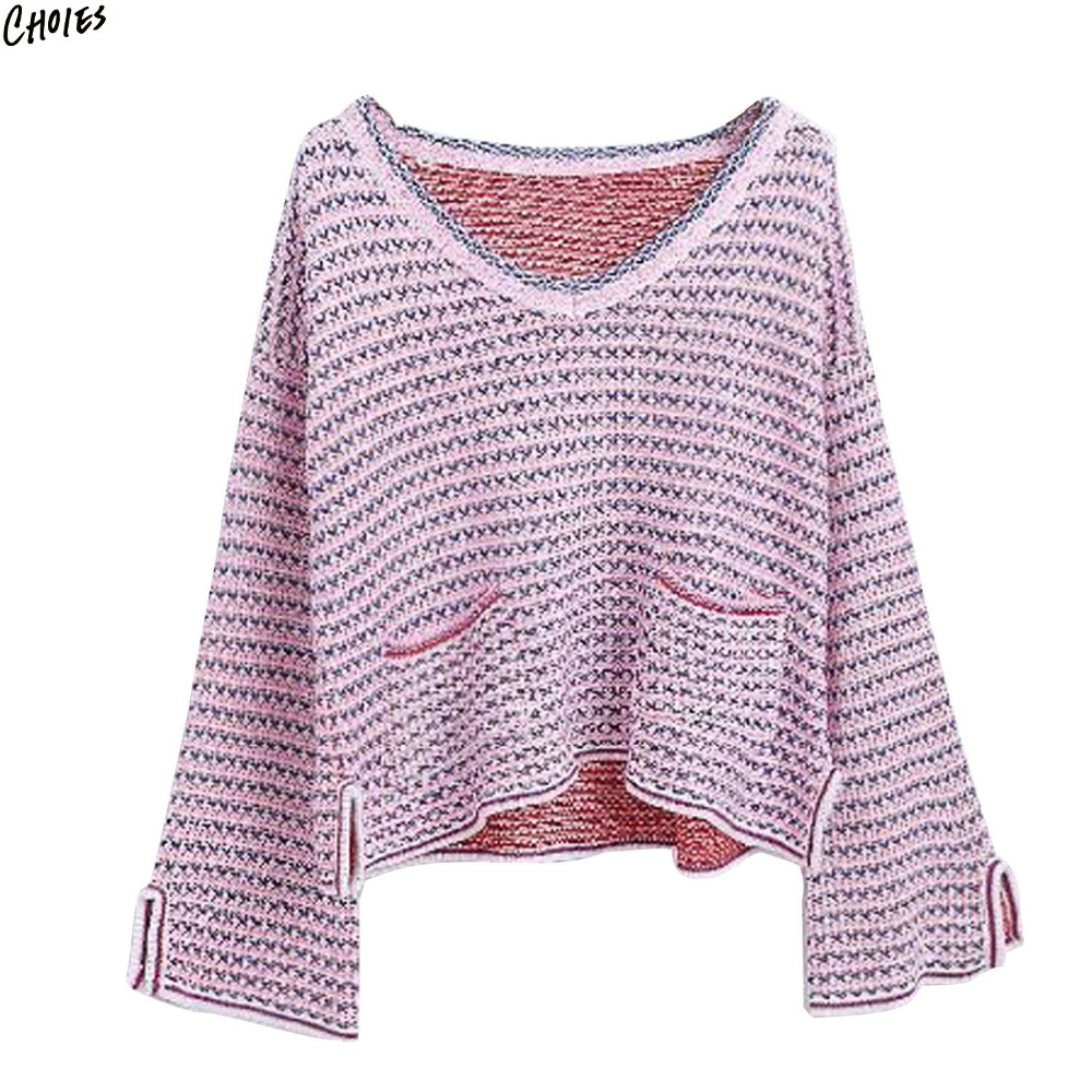 Knitted Pullover Sweater Patterns Us 3453 Pink Stripe Pattern Knitted Pullover Sweater Autumn Flared Long Sleeve Split Side Pockets Front Dipped High Low Hem Top In Pullovers From