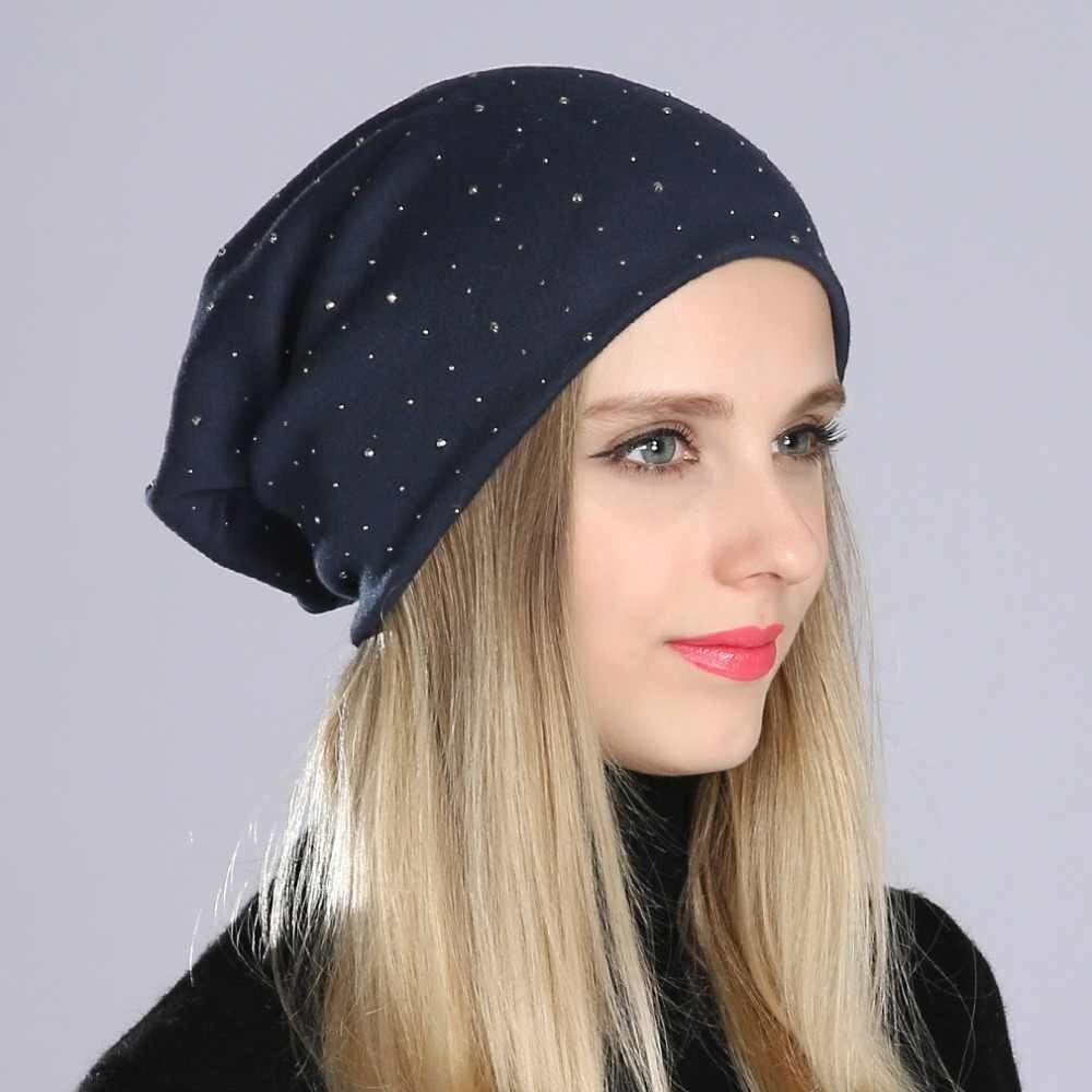 Knitted Slouchy Hat Pattern Geebro Womens Beanie Hat With Rhinestones Ladies Spring Plain Color Cotton Knitted Slouchy Beanies Bonnet Female Skull Beanie
