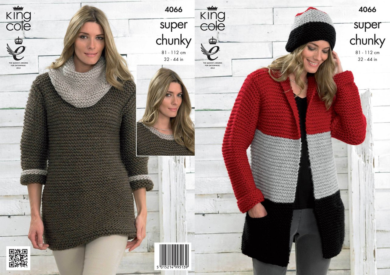 Knitting Pattern Dress King Cole 4066 Knitting Pattern Jacket Hat Sweater Dress And Cowl In Big Value Super Chunky