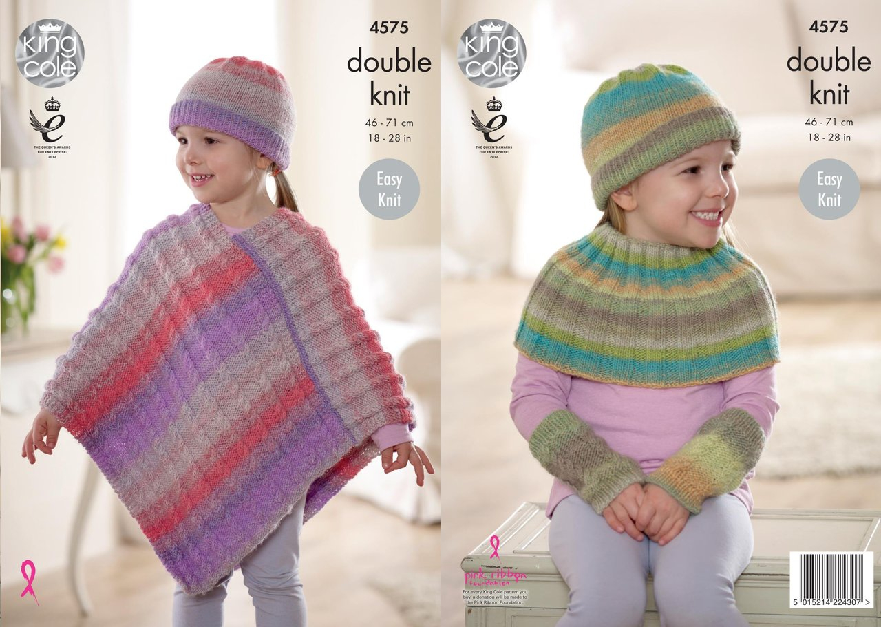 Knitting Pattern For Childs Poncho King Cole 4575 Knitting Pattern Girls Poncho Shoulder Warmer Hat And Wristwarmers In Sprite Dk