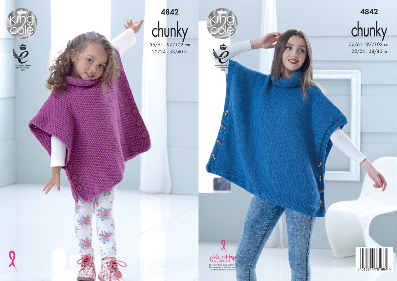 Knitting Pattern For Childs Poncho King Cole 4842 Knitting Pattern Childs Adult Poncho In Big Value Chunky