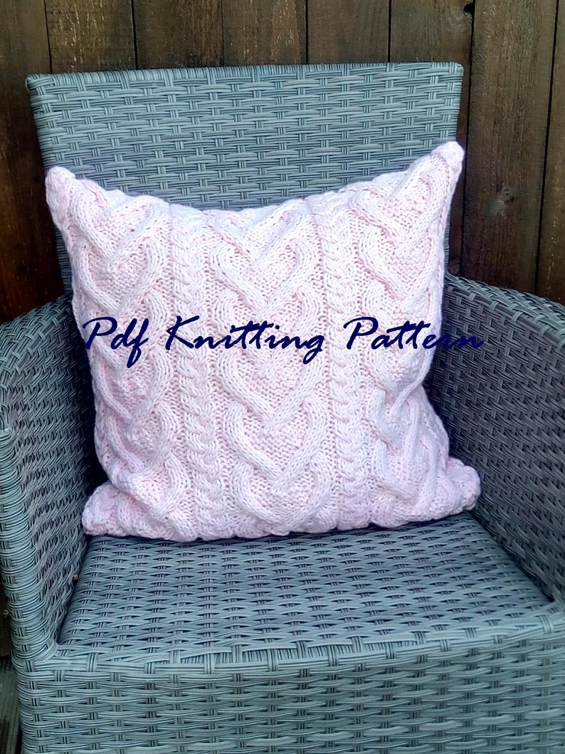 Knitting Pattern For Cushion Cover With Cables Pdf Knitting Pattern Cable Knit Aran Pillow Cushion Cover Cabled Heart Chain Pillow Buttons