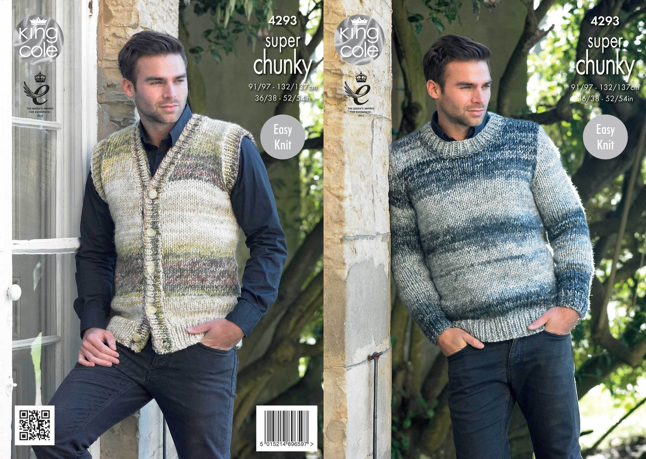Knitting Pattern Mens Cardigan King Cole 4293 Knitting Pattern Mens Waistcoat Round Neck Sweater In Big Value Super Chunky Tints