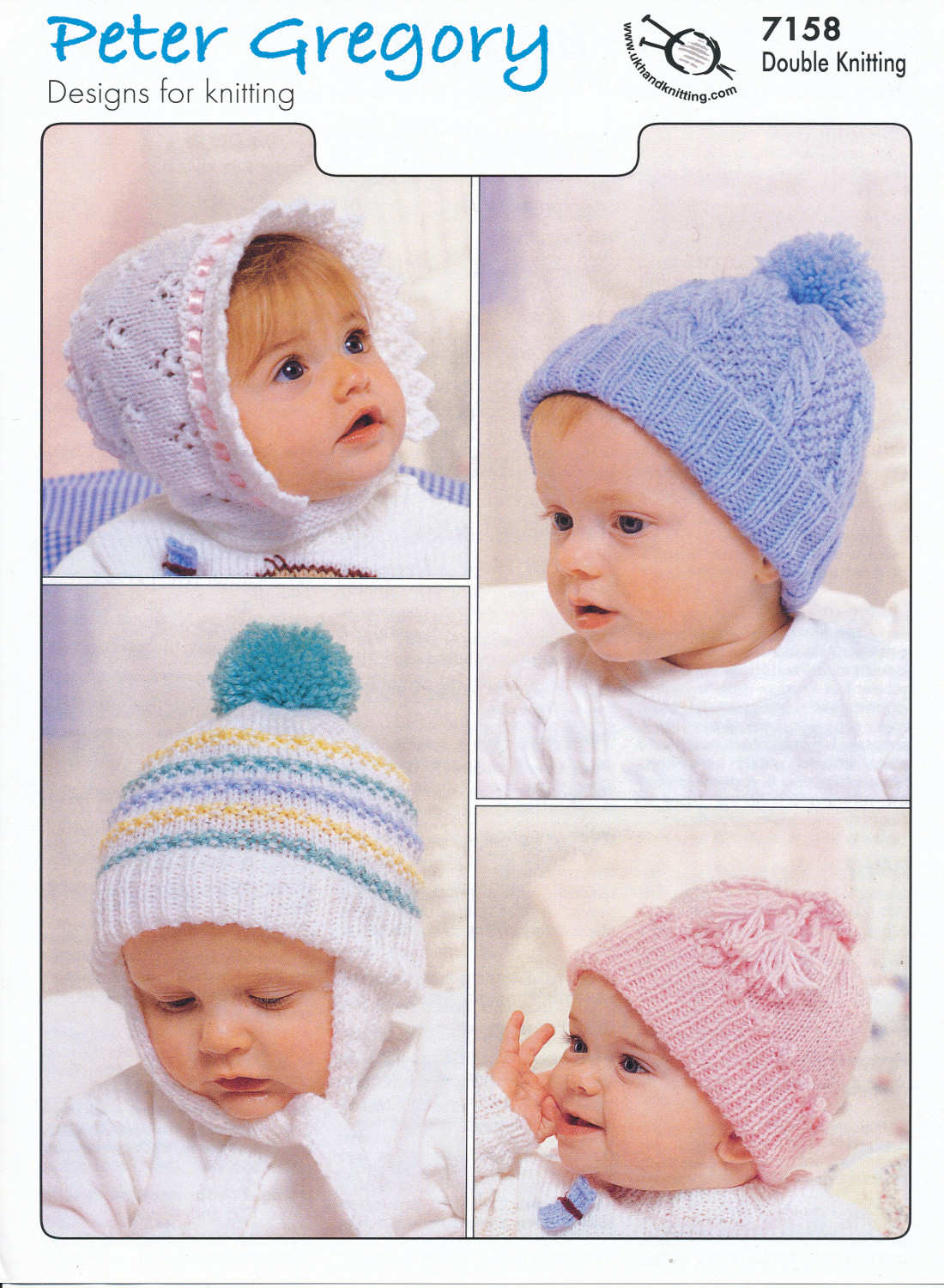 Knitting Patterns Baby Hat Details About Ba Double Knitting Pattern Ba Accessories Hats Bonnets Peter Gregory Dk 7158