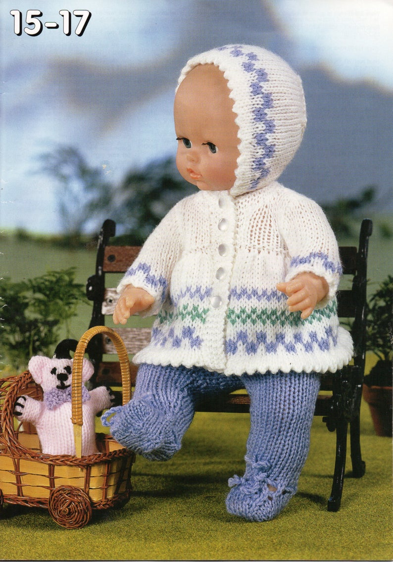 Knitting Patterns For Baby Dolls Clothes Ba Dolls Clothes Knitting Pattern Dolls Pram Set Fairisle Coat Leggings Bonnet Matinee Reborn 12 22inch Doll Dk Dolls Knitting Pattern Pdf