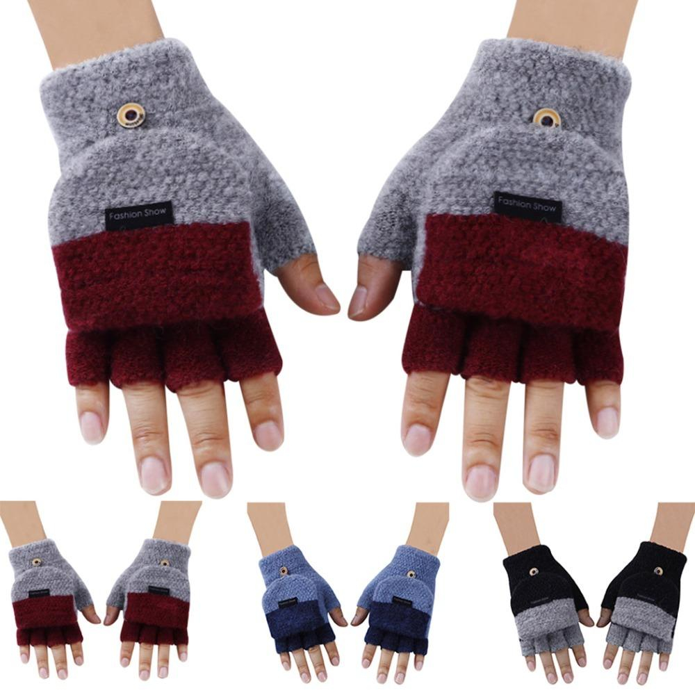 Mens Fingerless Gloves Knitting Pattern 2018 Men Knitted Fingerless Gloves Autumn Winter Warm Patchwork Flip Mittens Fashion Male Half Finger Gloves Guantes Gants Homme S1025