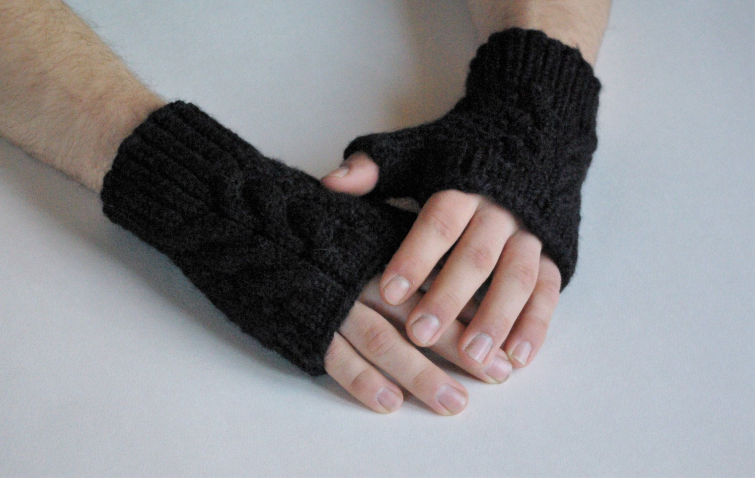 Mens Fingerless Gloves Knitting Pattern Mens Fingerless Gloves Knit Black Wool Unisex Mittens Cabled Womens Gloves Gift For Him