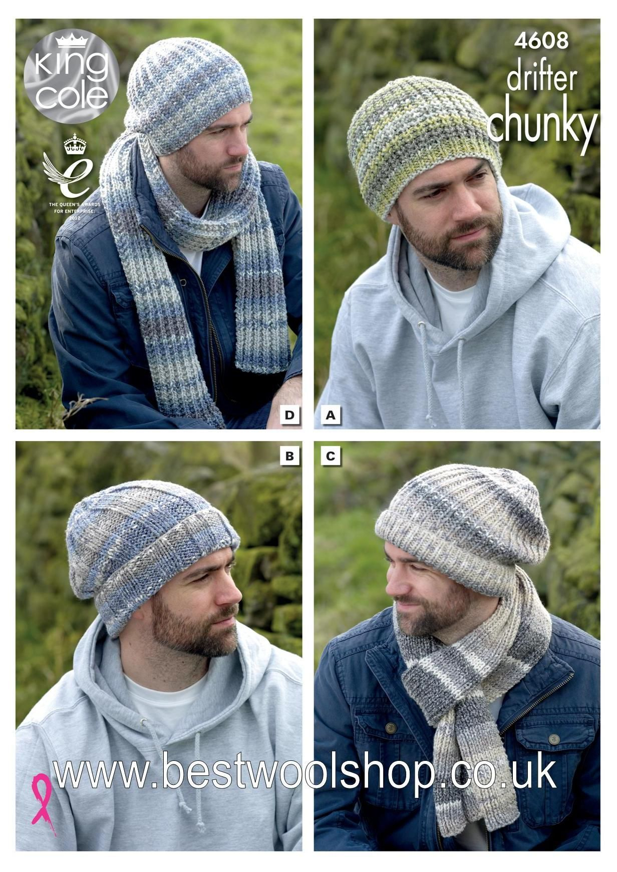 Mens Knit Patterns 4608 King Cole Drifter Chunky Mens Hat Scarf Collection Knitting Pattern