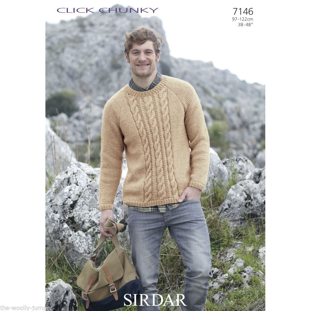 Mens Knit Patterns 7146 Sirdar Click Chunky Mens Sweater Knitting Pattern To Fit Chest 38 To 48