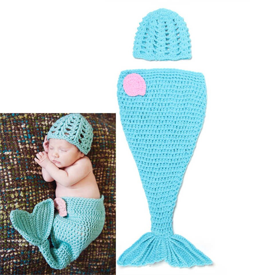 Mermaid Cocoon Knitting Pattern Crochet Blue Mermaid Tail Photography Props Knitted Newborn Girls Mermaid Costume Crochet Ba Hat Cocoon Set Mzs 14025