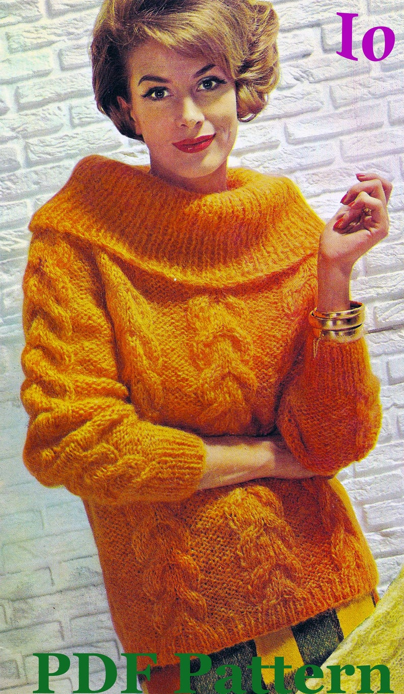 Off The Shoulder Sweater Knitting Pattern Cowl Neck Sweater Knitting Pattern Horseshoe Cable Jumper Off Shoulder Pullover Wide Folded Collar 1970s Vintage Pdf Download
