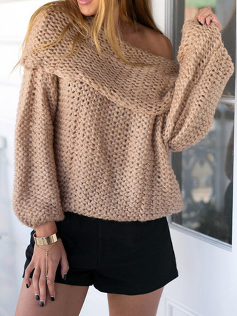 Off The Shoulder Sweater Knitting Pattern Khaki Off Shoulder Chunky Long Sleeve Knitted Sweater