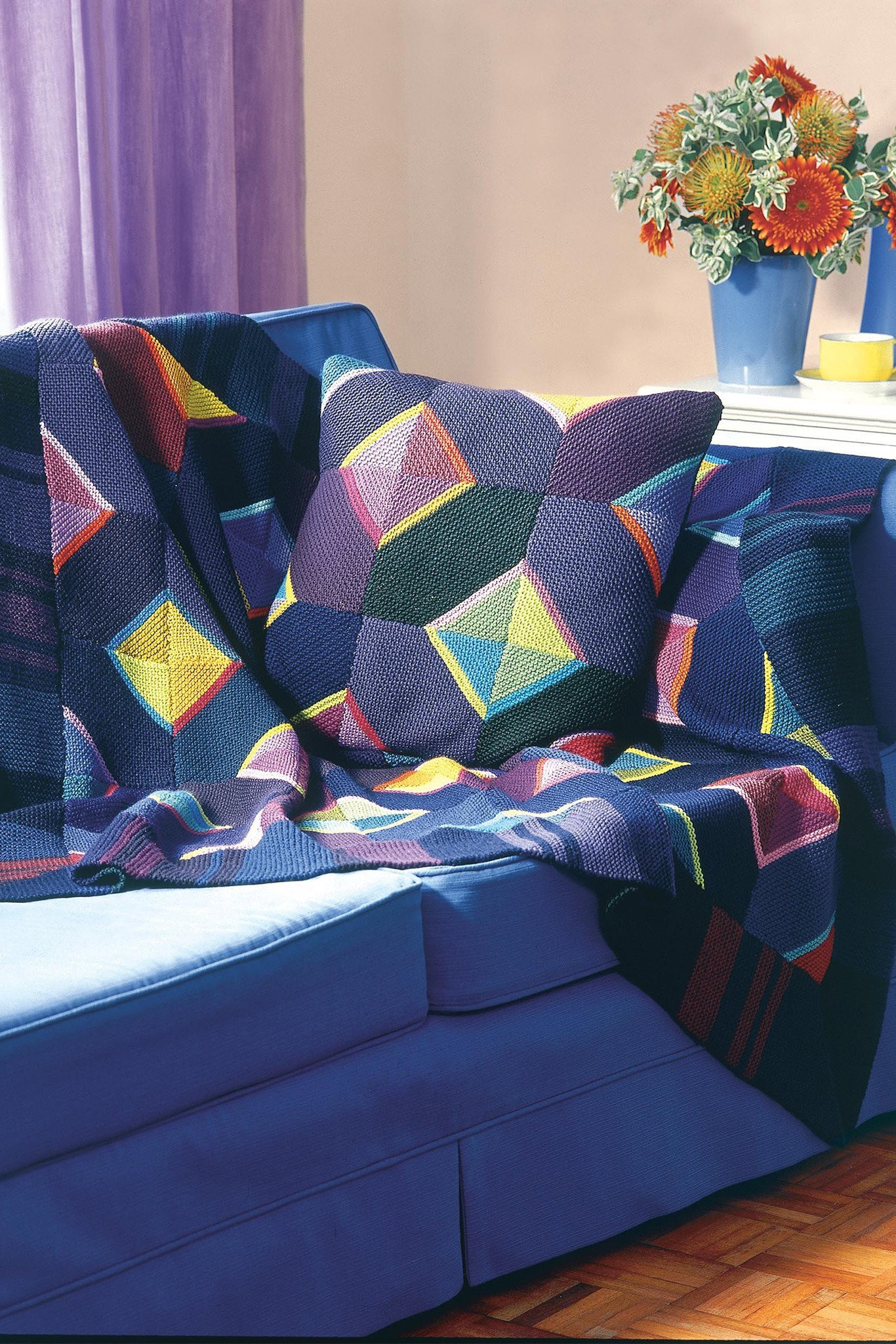 Patchwork Knitting Patterns For Blankets Patchwork Blanket And Cushion Geometric Knitting Patterns