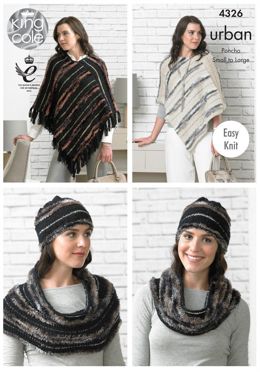 Poncho Pattern Knit 4326 King Cole Urban Aran Easy Knit Poncho Hat Snood Knitting Pattern Small To Large