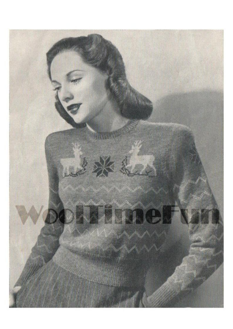 Retro Christmas Jumper Knitting Patterns Vintage Knitting Pattern Ladys Christmas Reindeer Fair Isle Jumpersweater