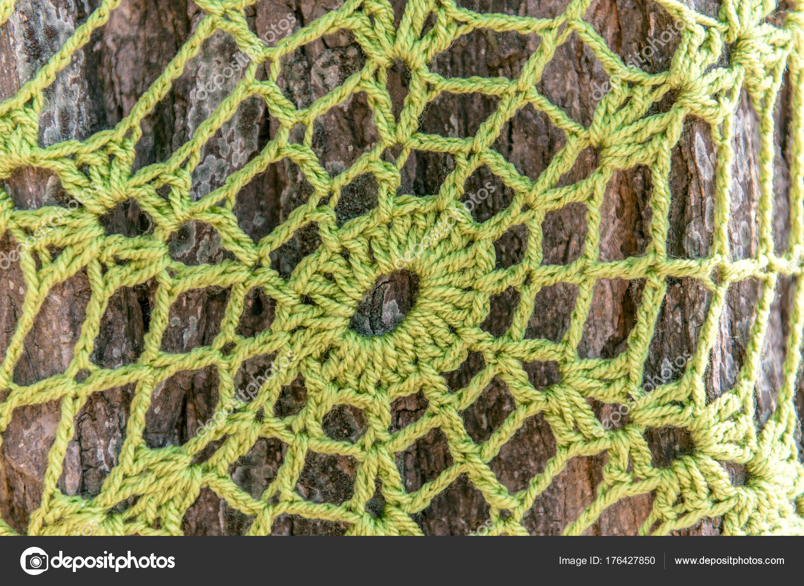 Spider Knitting Pattern Green Knitted Spider Web Tree Body Bole Stock Photo Ozdereisa