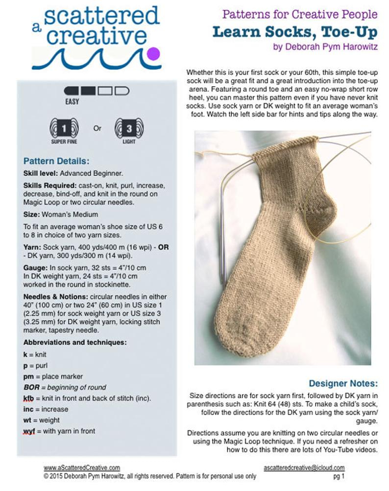 Toe Socks Knitting Pattern Digital Knitting Pattern Learn Socks Toe Up Sock Knitting Pattern Digital Download Pdf Round Toe No Wrap Short Row Heel