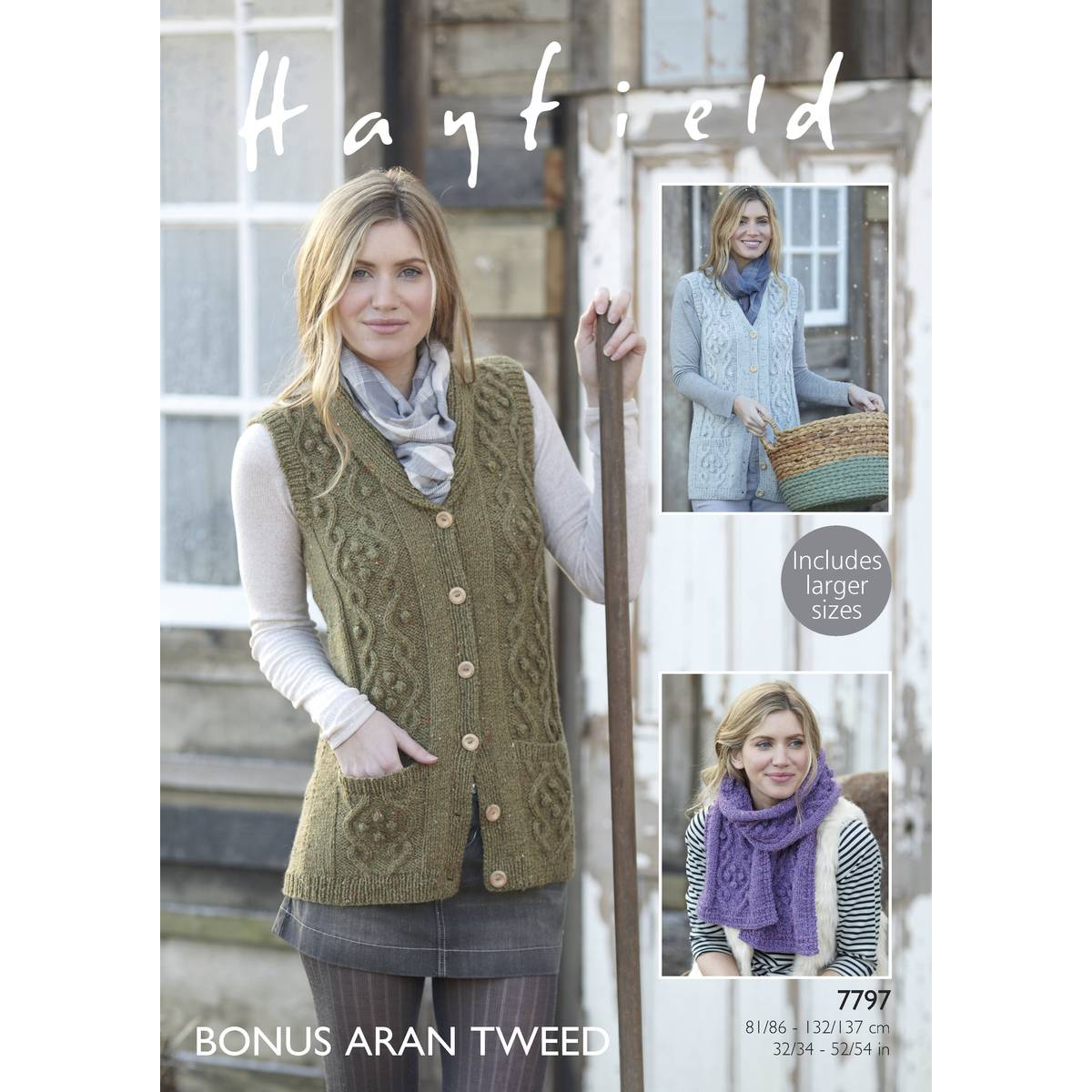Tweed Knitting Patterns Hayfield Bonus Aran Tweed Waistcoat And Scarf Pattern 7797