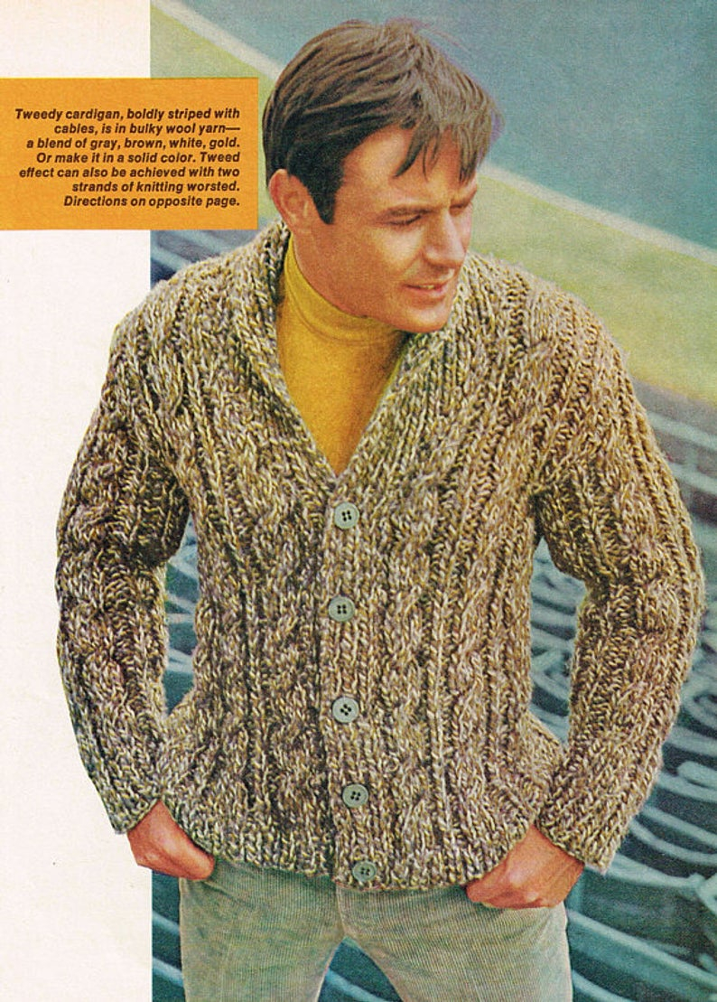 Tweed Knitting Patterns Vintage Knitting Pattern Mens Cable Cardigan In Tweed Pdf Download 60s Retro 1960s Sweater